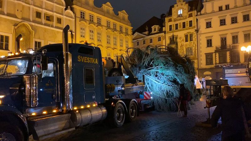 Na Staroměstském náměstí už stojí vánoční strom, 22metrový smrk ztepilý